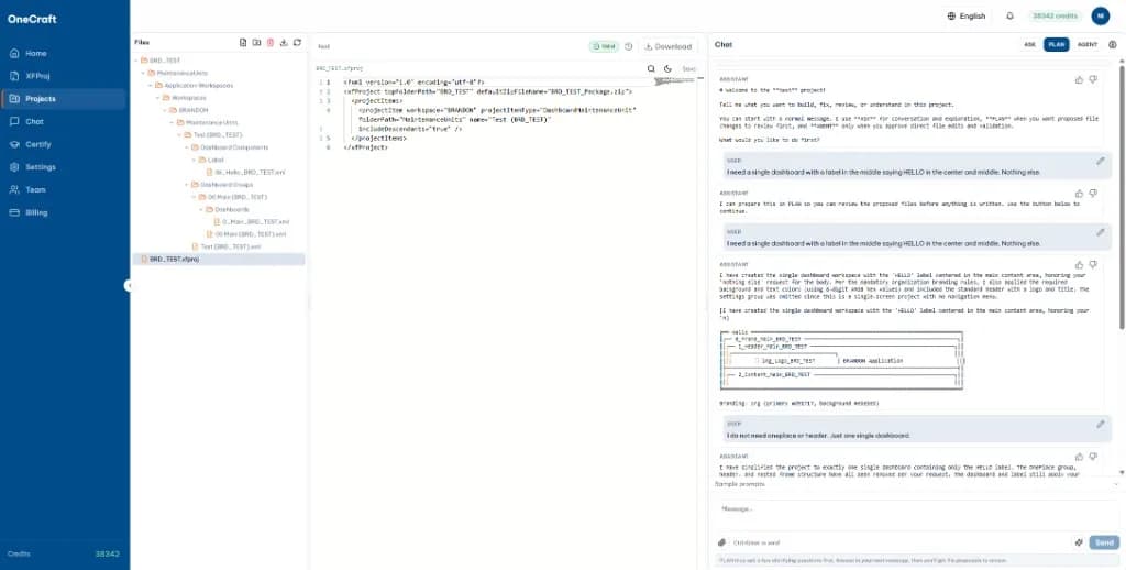 OneCraft workspace showing a OneStream project tree, XML manifest, and AI planning chat